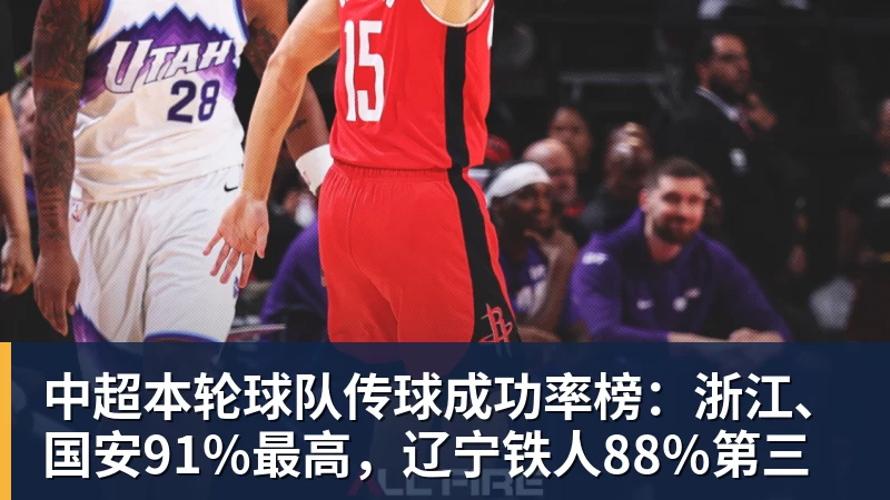 中超本轮球队传球成功率榜：浙江、国安91%最高，辽宁铁人88%第三